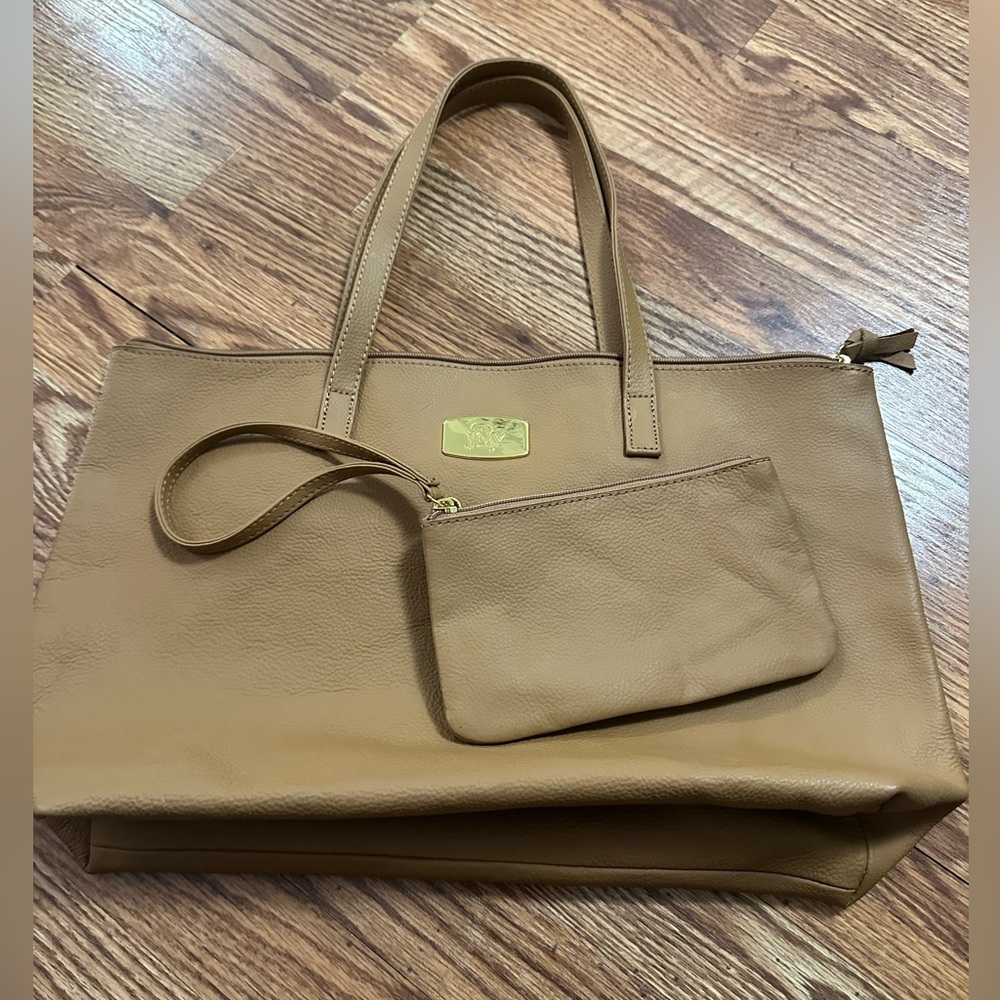 😍 Joy Mangano Camel Leather Large Tote includes removable Wristlet